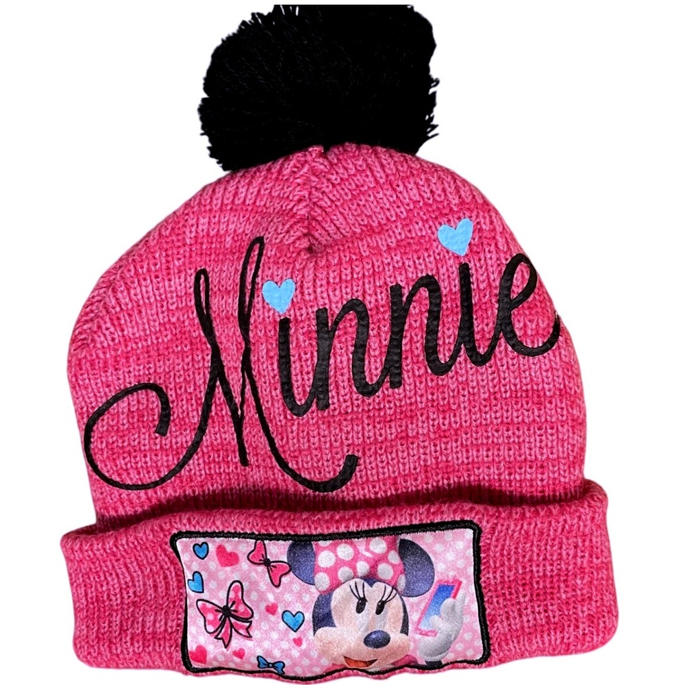 Girls Pink‎ Minnie Mouse Beanie Hat Pom Pom Disney Winter Knit Cap